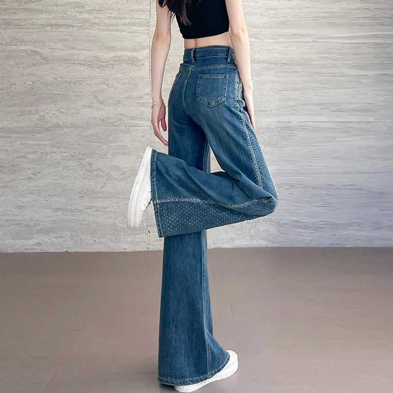 2025 Summer High Waist Wide Leg Jeans for Women Bell Bottom Pants Flared Pants Hotfix Rhinestone Patchwork Dragging Pants R250716
