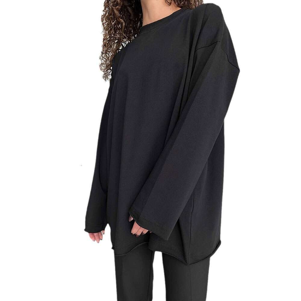 100% Cotton T-Shirt For Women Spring New Loose Solid Color Oversize Round Neck Long Sleeve Tee B5