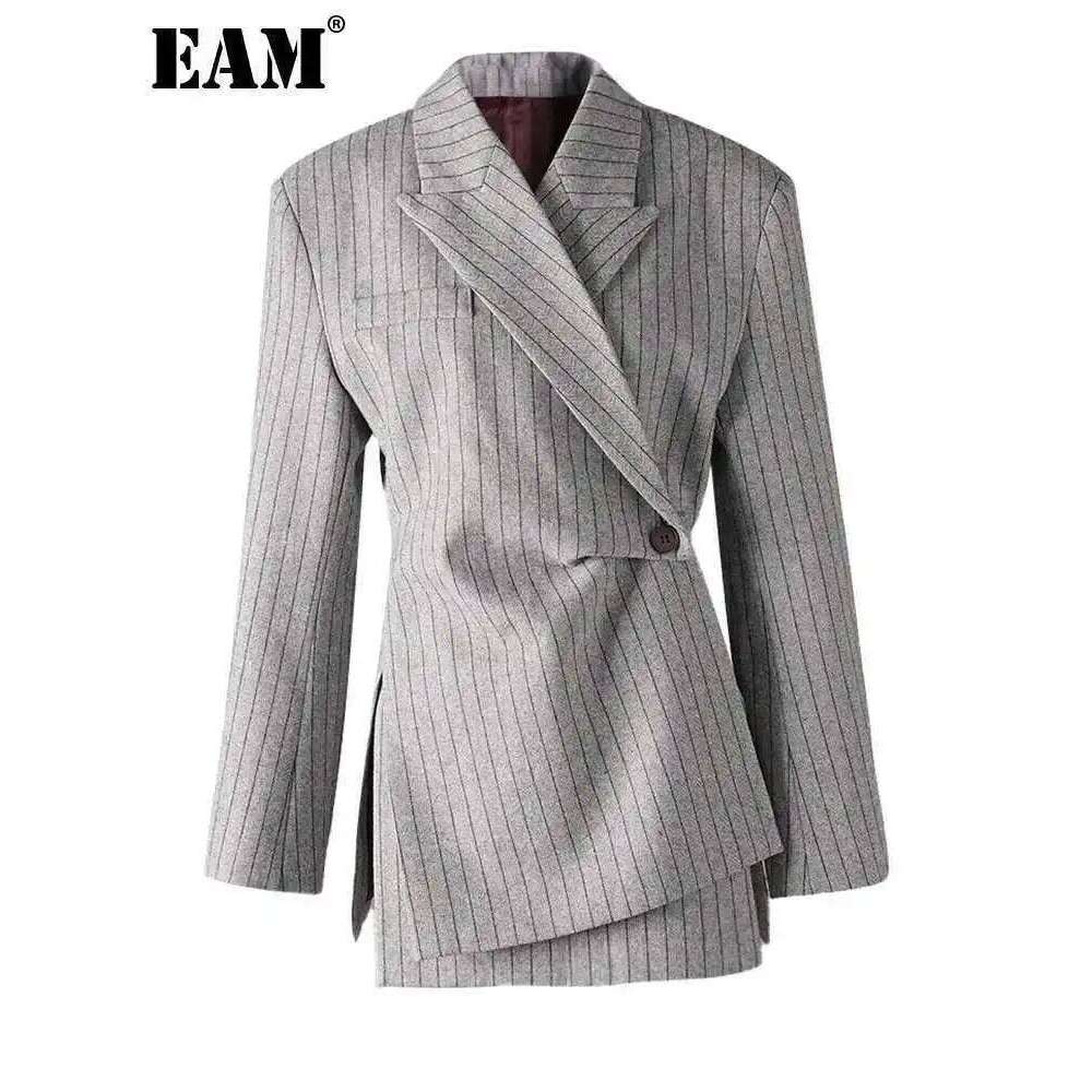 Designer Clothing EAM Women Gray Striped Irregular Pleated Elegant Blazer New Lapel Long Sleeve Jacket Fashion Tide Spring Autumn 2025 Cpdb342 Fashion