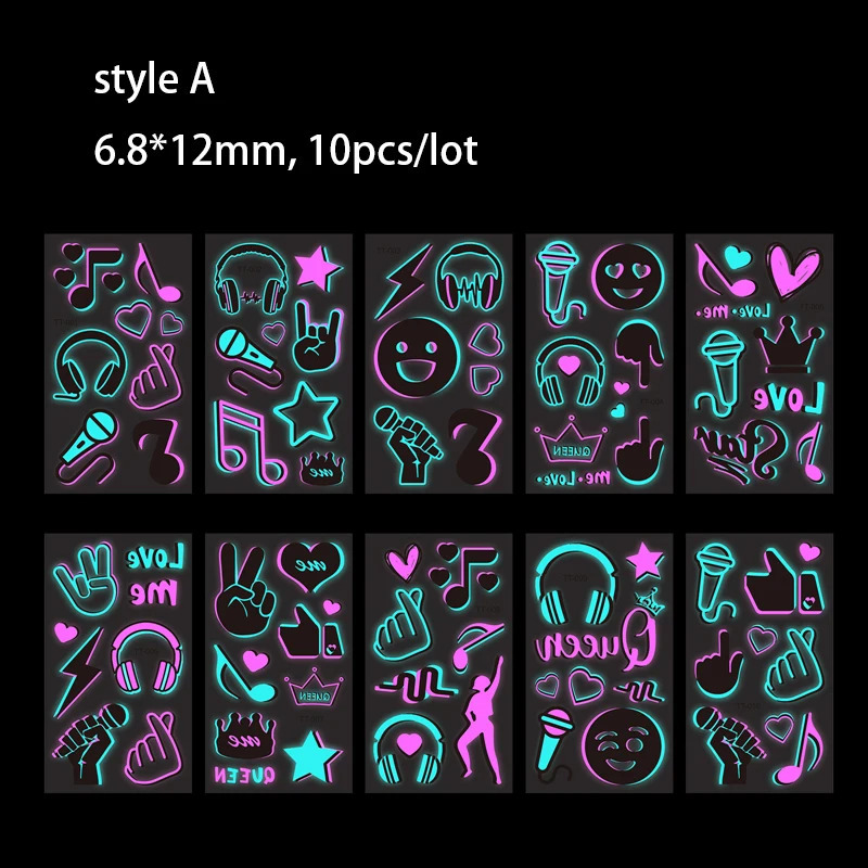 Luminous Music Festival Tattoo Glowing Dance Party Sticker Temporary Waterproof Tattoos Noteheadset Art Skin Stickers 250714