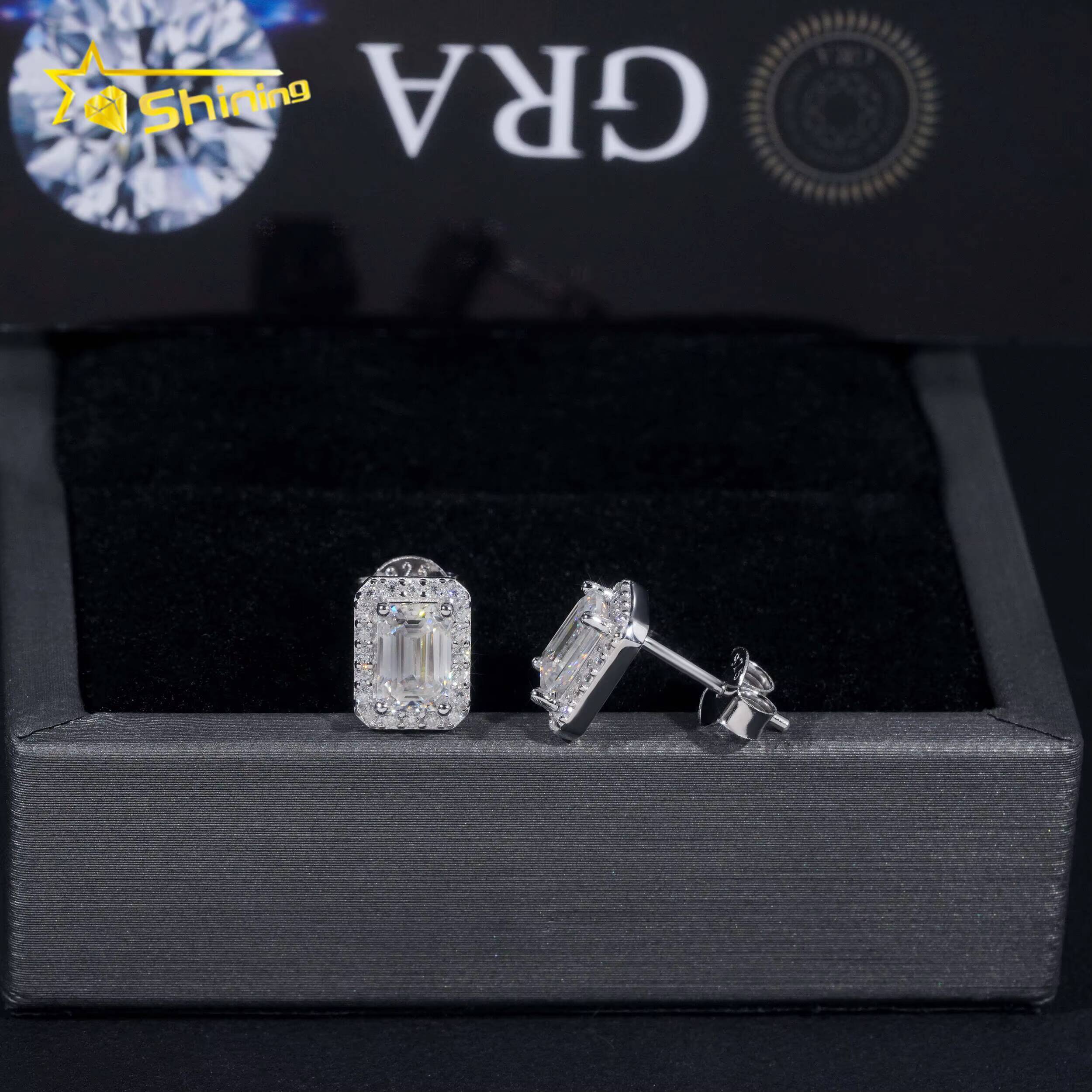 Emerald Cut Halo Earring Hip Hop Jewelry Iced Out VVS Diamond Moissanite White Gold Plated 925 Sterling Silver Stud Earrings