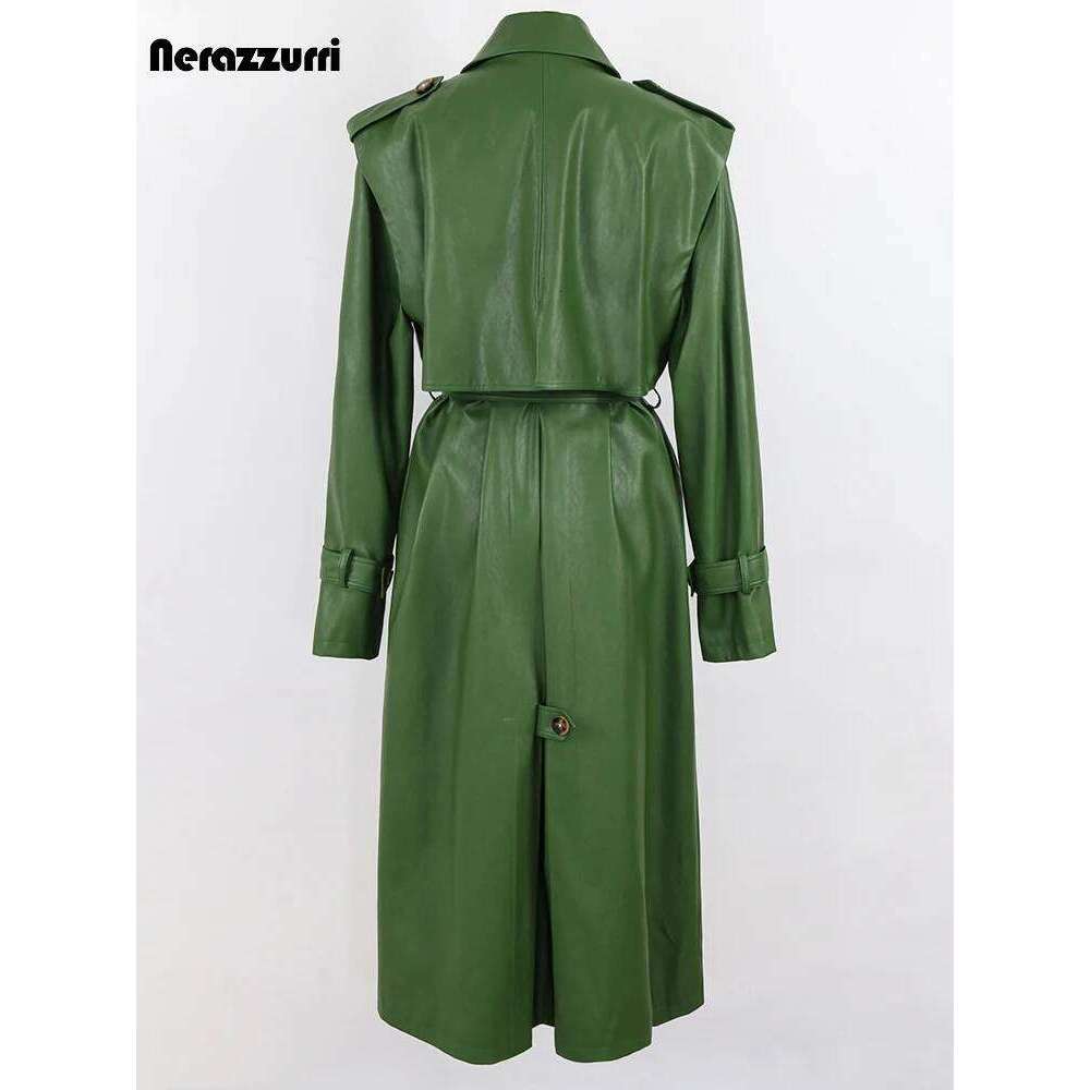 Nerazzurri Autumn Long Cool Green Pu Leather Trench Coat For Women Sashes Single Breasted Stylish Designer Clothes 2022