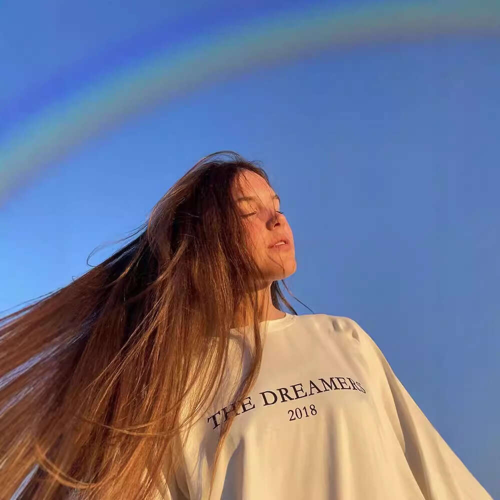 Ins Simple Style American Print Round Neck T-Shirt For Women, Pure Cotton Long Sleeve With Ribbed Cuffs, Loose Top, New B5