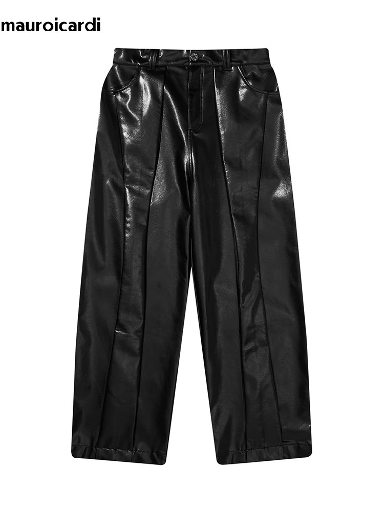 Mauroicardi Spring Autumn Long Loose Casual Baggy Black Shiny Reflective Patent Pu Leather Pants Men Wide Leg Trousers Fashions 250704