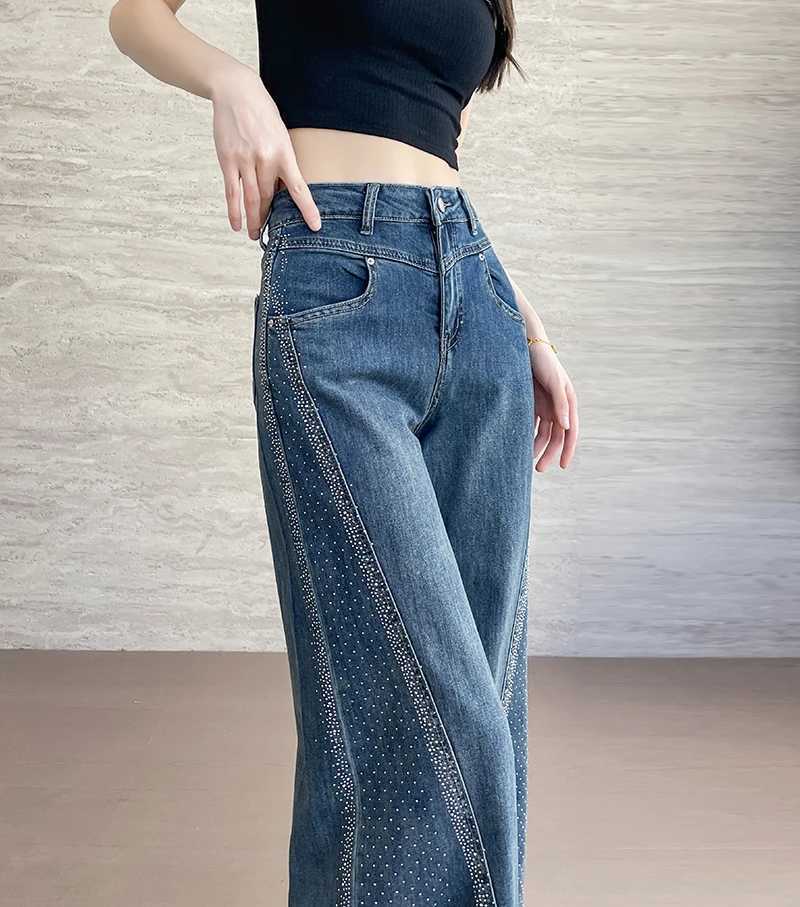 2025 Summer High Waist Wide Leg Jeans for Women Bell Bottom Pants Flared Pants Hotfix Rhinestone Patchwork Dragging Pants R250716