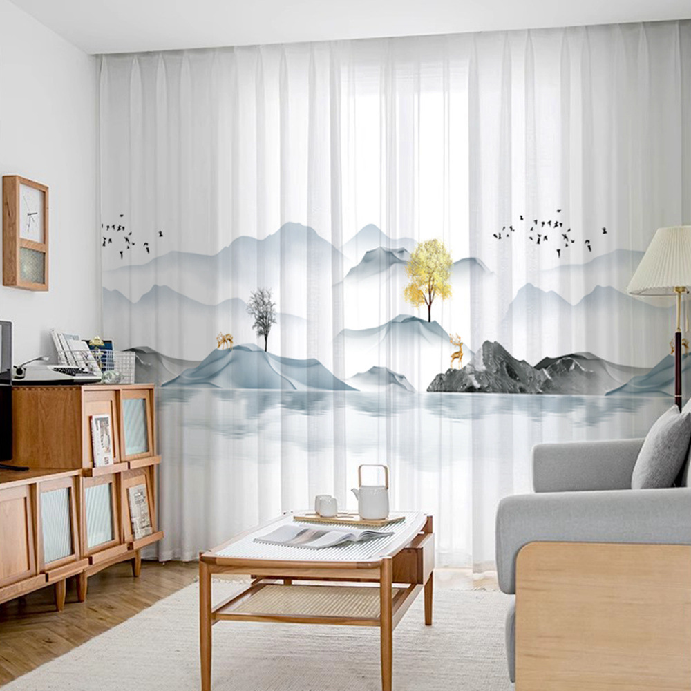 YL-36601 New Chinese style gauze curtain ink landscape painting curtain Chinese style 2025 new living room partition curtain light-transmitting