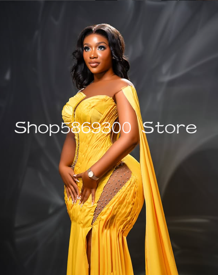 Yellow Gold Mermaid Long Prom Formal Dresses Sheer Mesh African Aso Ebi Ruched Ribbon Evening Occasion Gala Gown Csutomsized