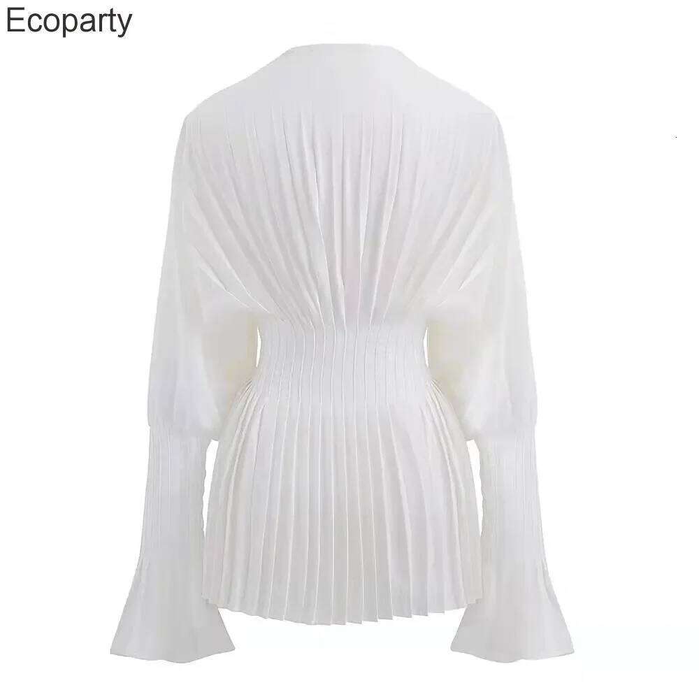 Women Loose White V-Neck Pleated Shirts Elegant Casual Chiffon Shirt Ladies Lantern Full Sleeve Tops Blouses 2024