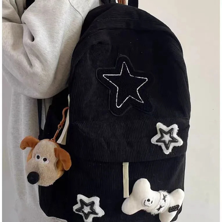 Teen Student Large Capacity School Bookbag Y2K Star Pattern Laptop Backpack Corduroy Rucksack Double Strap Shoulder Bag 250714