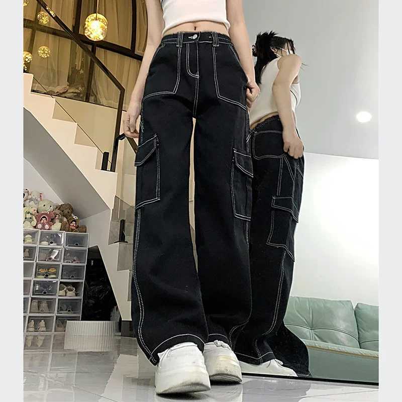 2024 Women Retro Streetwear High Waisted Denim Pants Lady Baggy Straight Leg Wide Leg Pants Girls Fashion Casual Black Trousers R250716