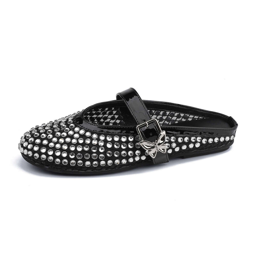 Su Yinyin 2025 New Flowing ~ Rhinestone Mesh Breathable Buckle Strap Closed-Toe Vacation for Women Half Slippers Summer