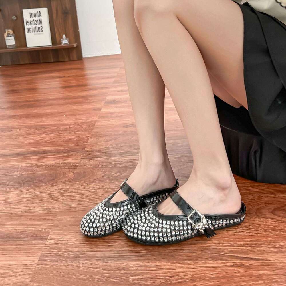 Su Yinyin 2025 New Flowing ~ Rhinestone Mesh Breathable Buckle Strap Closed-Toe Vacation for Women Half Slippers Summer