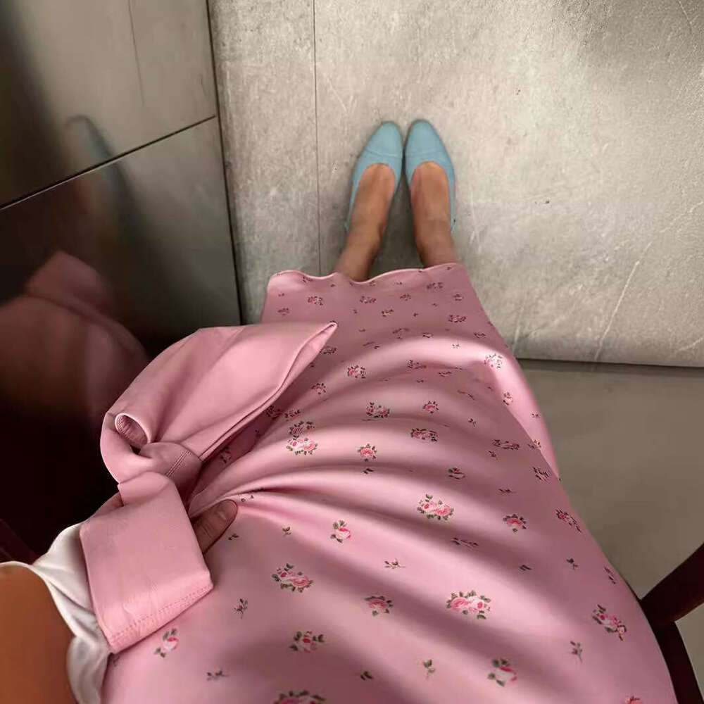 Printed Spring Summer New Elegant Floral Satin Print Draped High Waist Midi Skirt B5