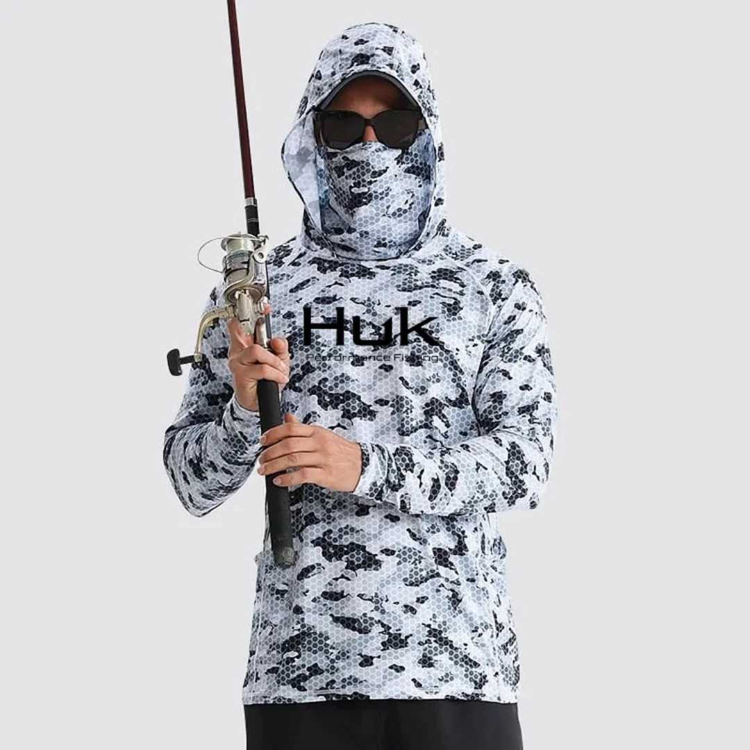 Mens Fishing Hooded Sweatshirt Fishing UV Protection Hoodie Fishing T-Shirt Clothing Hooded Top Gray White X250718
