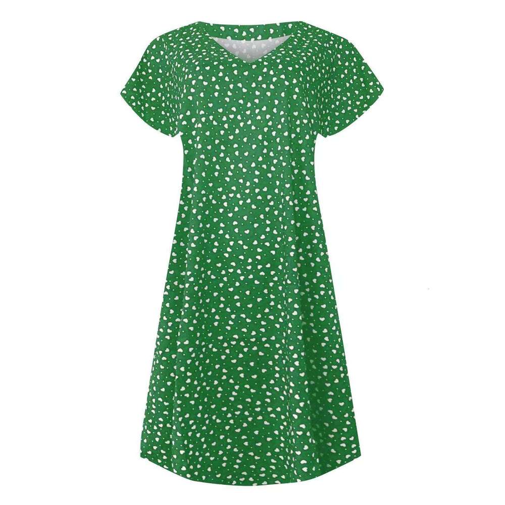 Summer New Casual Short Sleeve V-Neck Top Polka Dot Heart Print Dress For Women B5