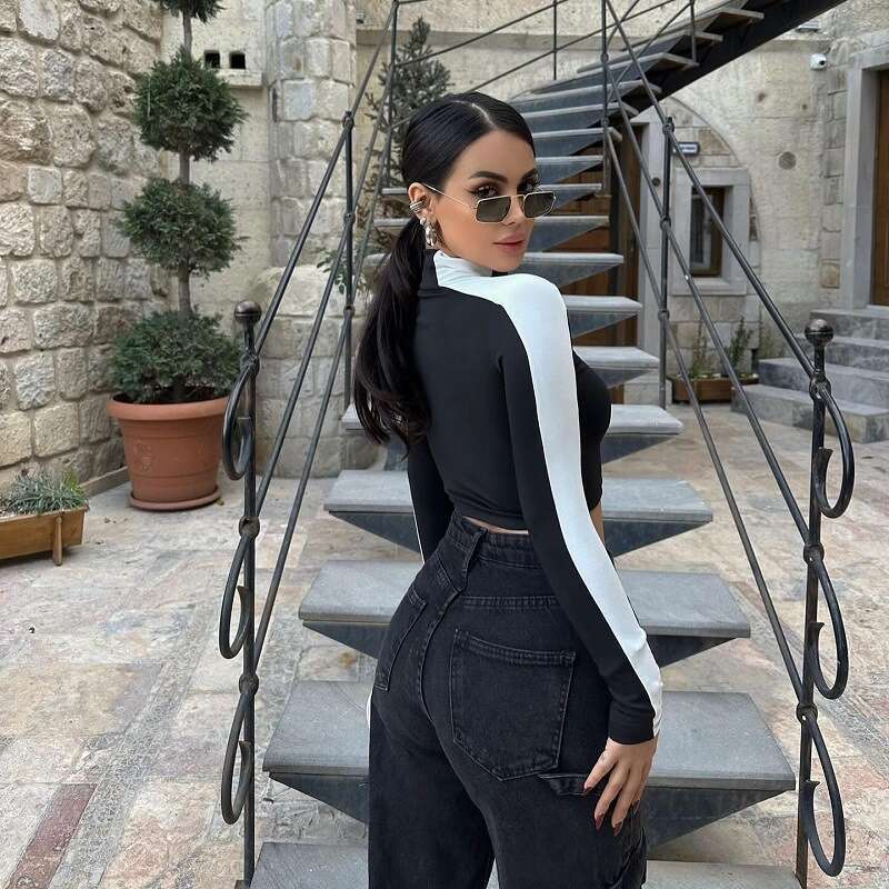 Autumn New Style Color Block Stand Collar Long Sleeve T-Shirt Short Slim Fit Top Ins B5