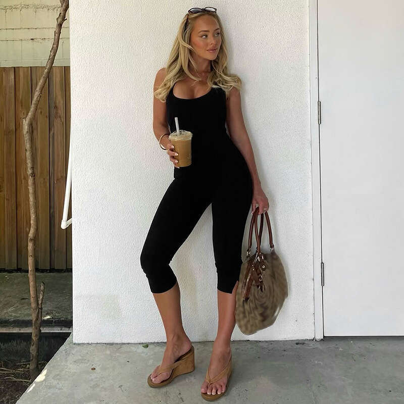 Street Style Casual Women's Solid Color Halter Neck Jumpsuit Backless Fitness Yoga Sports Slim Fit Mid-Length Pants B5