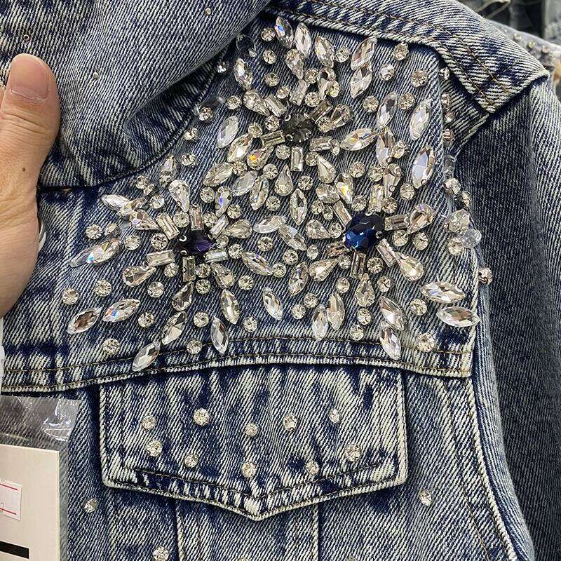 Spring New Fashion Beaded Dia Blue Denim Jacket Lapel Single-Breasted Long Sleeve Loose Casual Female Short Cowboy Outerwear