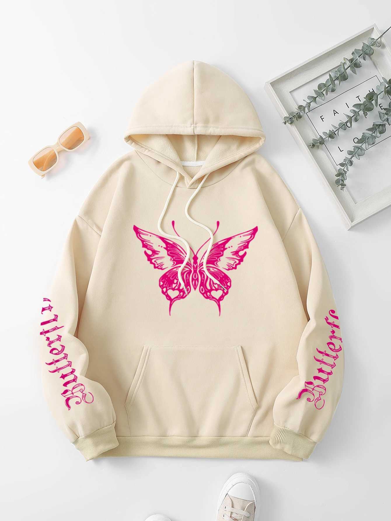 Butterfly Letter Print Drawstring Hoodie Casual Long Sleeve Kangaroo Pocket Hoodie Sweatshirt Womens Clothing XJ250717