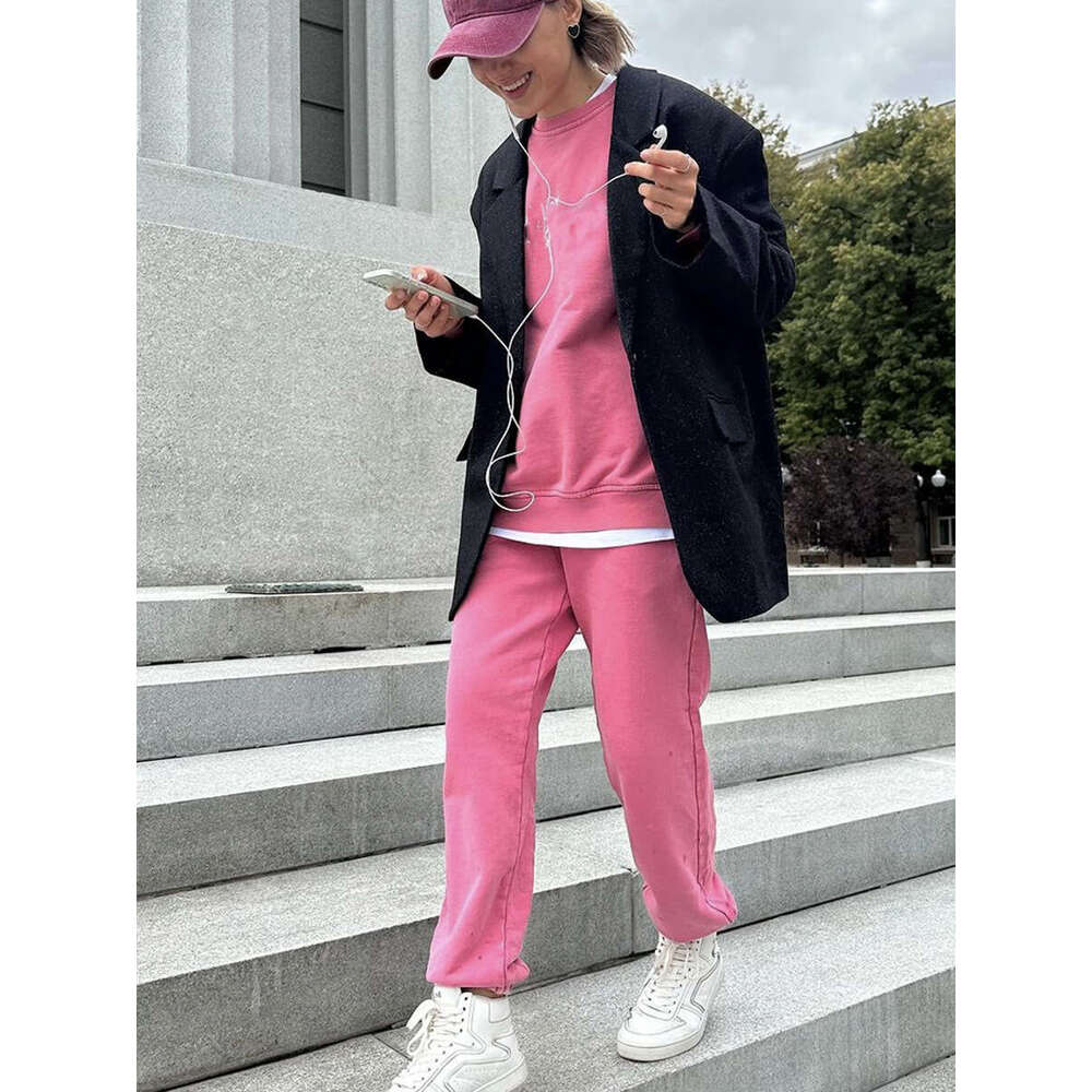 25 Autumn Winter New Pure Cotton Printed Vintage Top + Pants Simple Letter Loose Knitted Sweatshirt Set B5