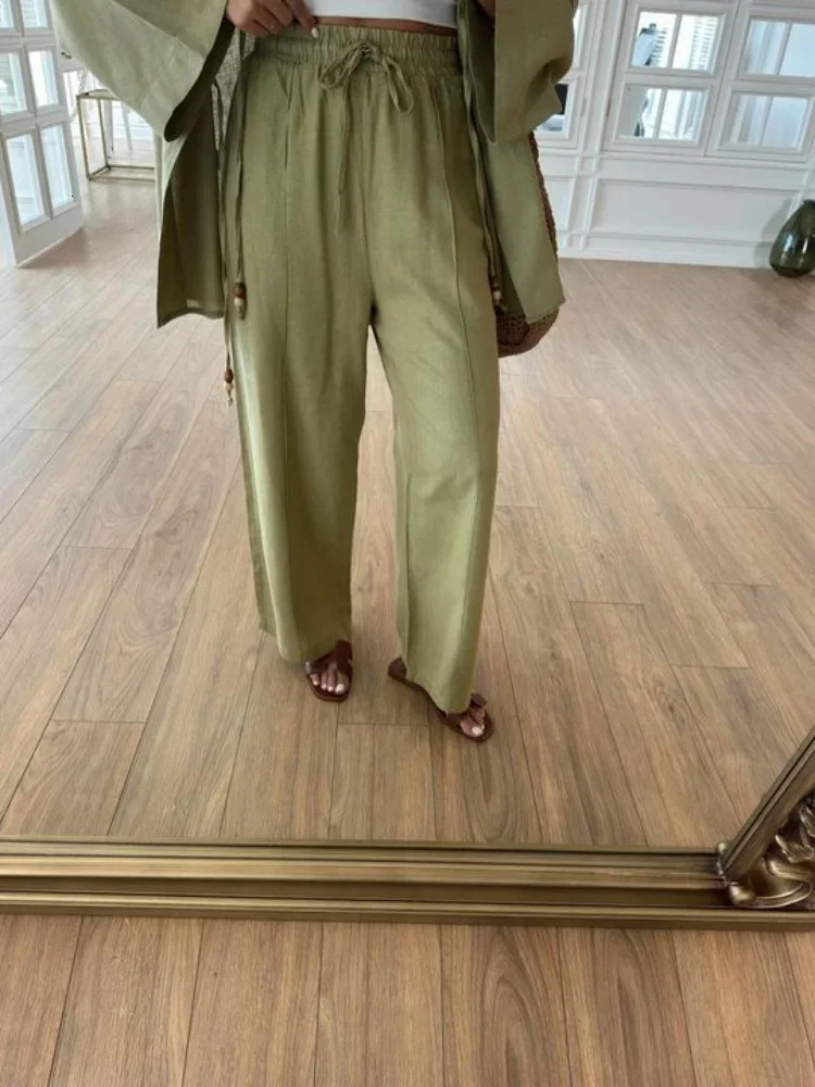 Casual Beading Lace Up Shirt Pants Set Women Loose V Neck String Long Sleeve Shirt Wide Leg Pant Autumn Chic Lady Outfit 250715