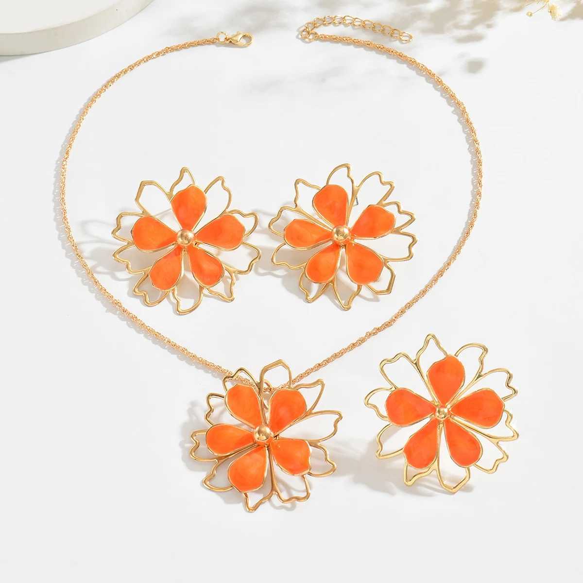 Trendy Colorful Hollow Enamel Flower Earrings Necklaces Rings for Women Bohemian Exquisite Floral Jewelry Sets Summer Accessories X250718