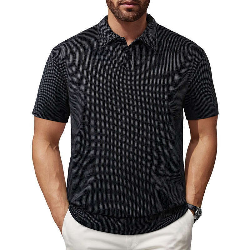 Summer New Polo Shirt Short Sleeve Top Fine Striped Turn-Down Collar T-Shirt European Size Men's Clothing B5