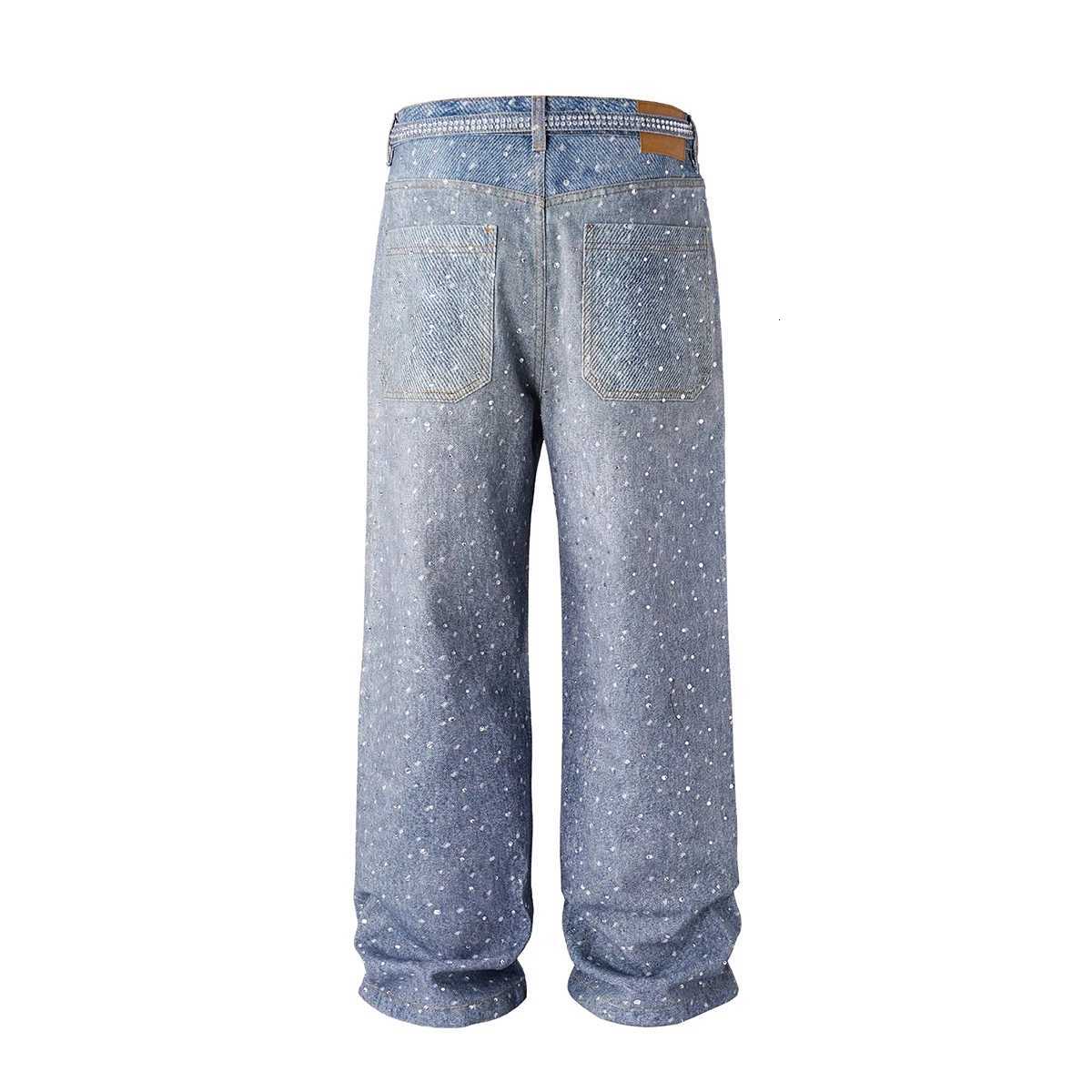 100% Rhinestone Print Washed Blue Baggy Jeans for Men and Women Mens Clothing Streetwear Solid Casual Denim Trousers Loose Cargo Pants X250812
