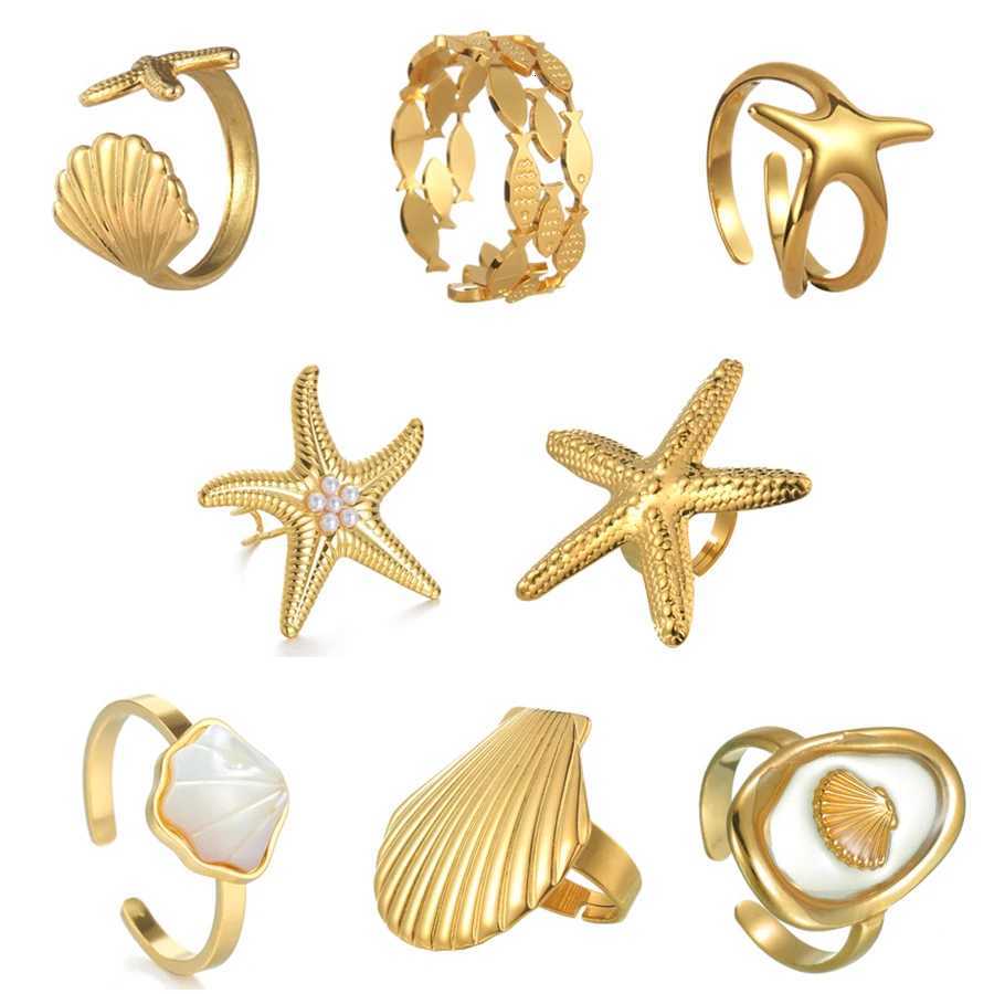 Ocean Element Ring for Women Men Stainless Steel Gold Color Starfish Shell Open Rings Sea Series Jewelry Couple Gift X250718