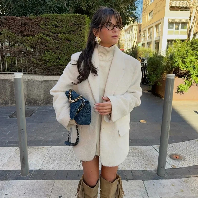 MUJER 2025 Faux Fur Womens Blazers Fashion Outerwears Straight Long Blazer Woman Long Sleeve Coats and Jackets for Women 250715