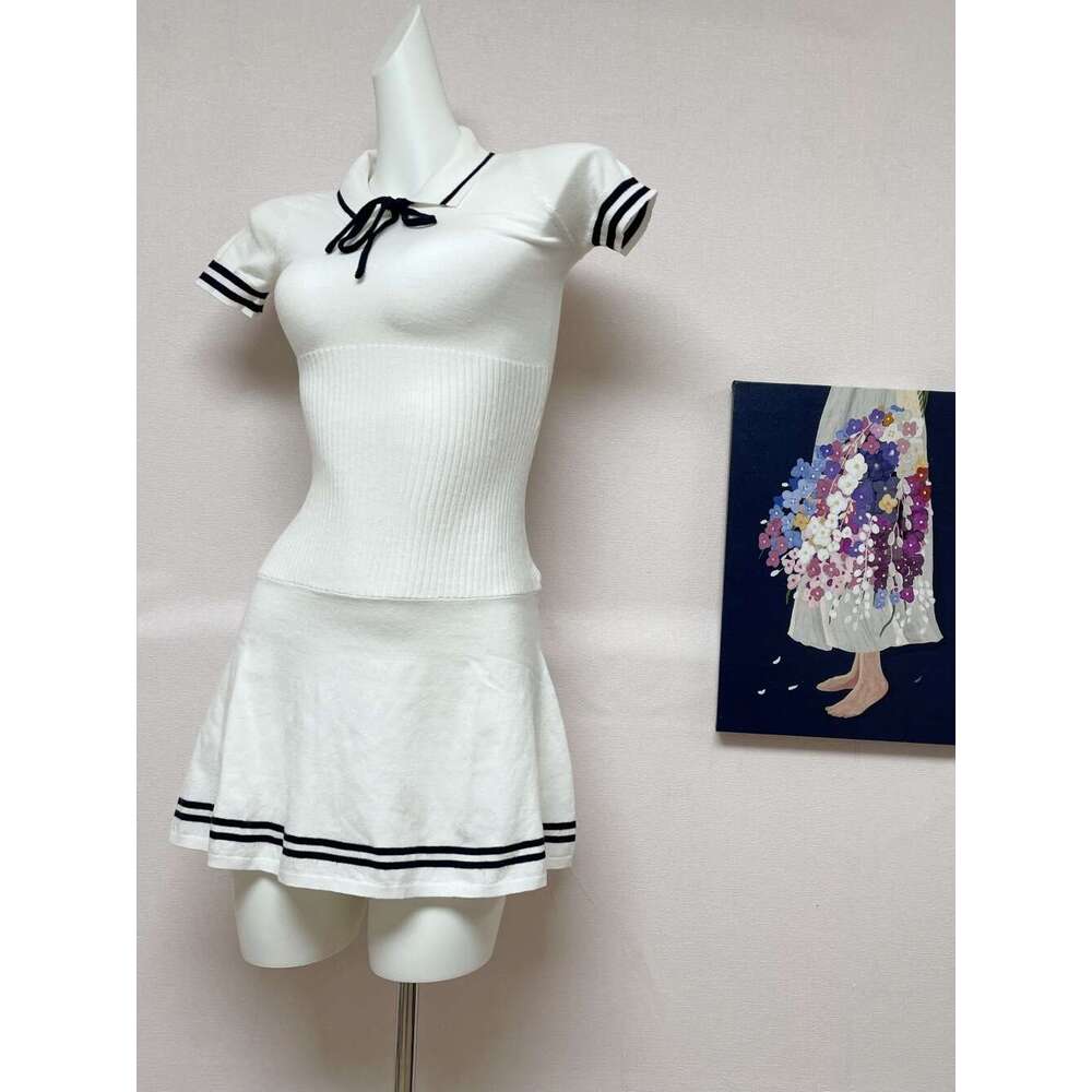 Yu Shuxin Same Summer New College Style Striped Knitted Short Sleeve Girl Polo Collar Dress A-Line Skirt B5