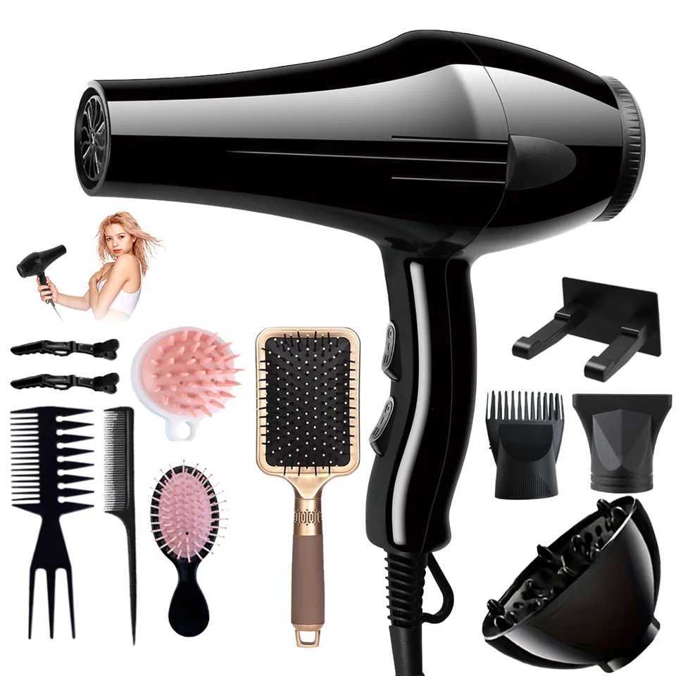 12pcs-in-1 hair dryer set with hair clip comb nozzle and hood accessories.Cold and hot air do not harm the hair dryer negative. W250718