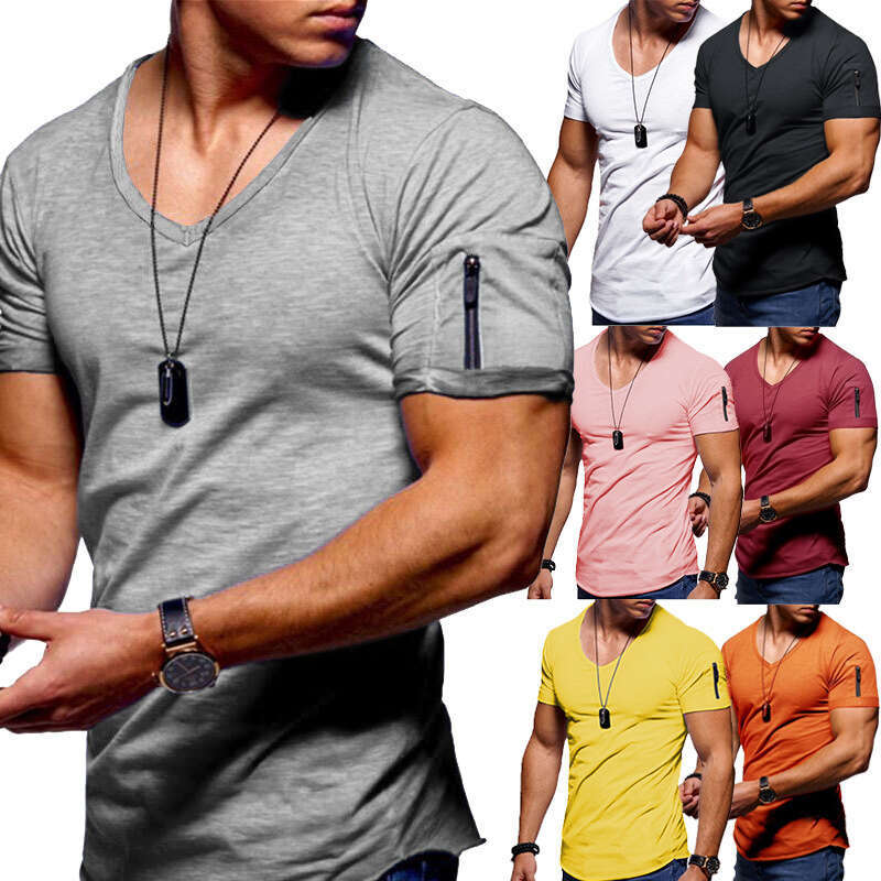 Summer V-Neck Solid Color Plus Size Casual Short Sleeve Men's Zipper Arm Round Neck T-Shirt B5