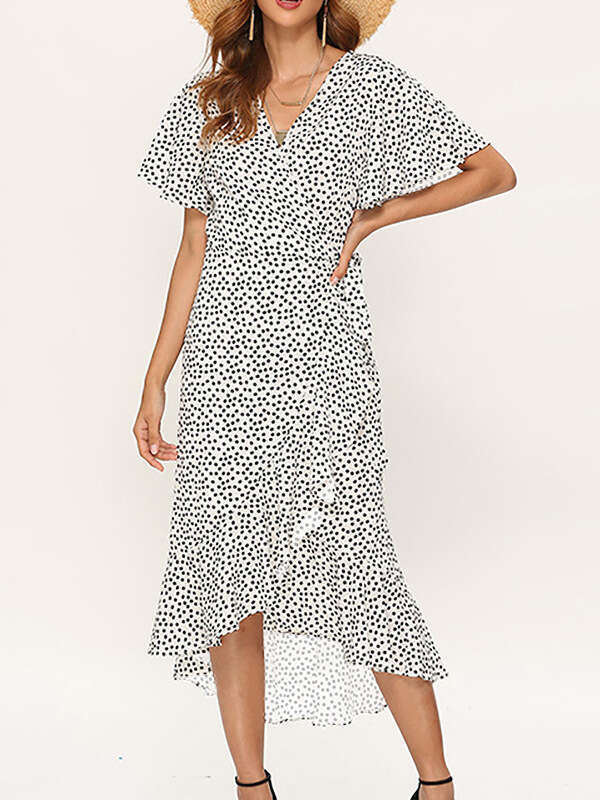 Women's Sexy V-Neck Irregular High-Waist Tie Chiffon Printed Sweet Temperament Dress B5