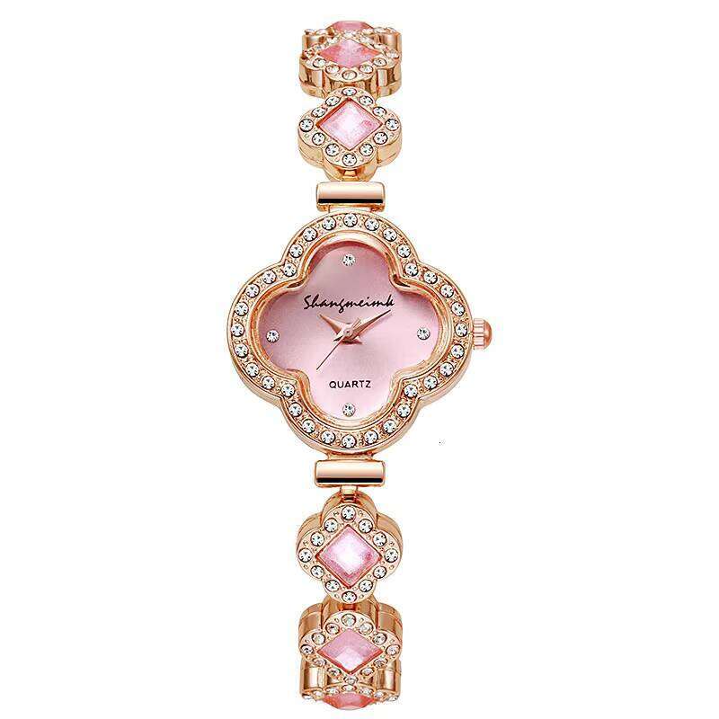 Clover Charm Bracelet Watch - 31mm Floral Dial Quartz Watch for Women | Gold Plated Fashion Watch with Gemstone Accents (7 Colors)