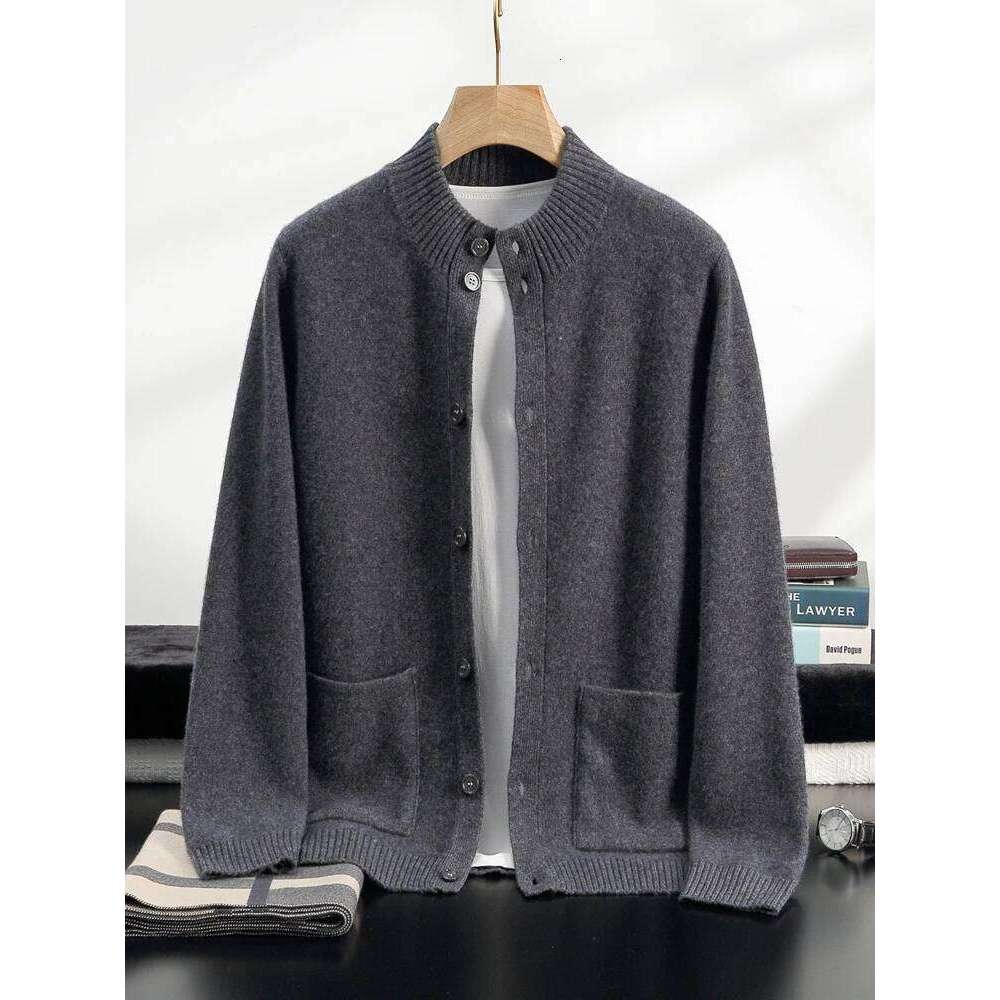 High Quality Men 100% Sweater Autumn Winter Thick Buttons Cardigan Mock-Neck Smart Casual Coat Warm Cashmere Knitwear