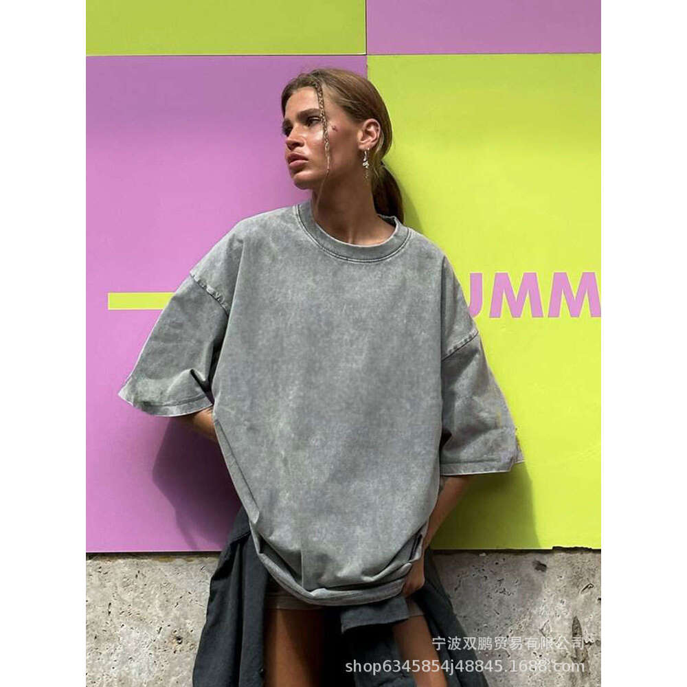 Minimalist Style Washed Vintage Pure T-Shirt Summer Colorful Loose 260G Cotton Short Sleeve Top For Women B5