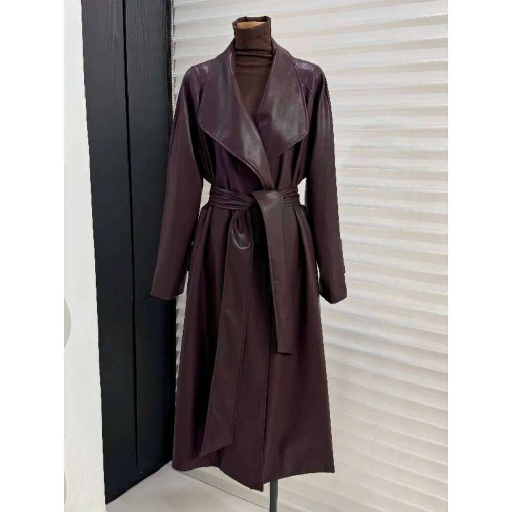 Autumn New French Style High End Suit Collar Over Knee Leather Trench Women Clothing Waist Lace Up Long Coat Winter Clothes