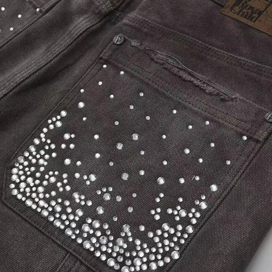 Men's Shorts Streetwear Couple Vintage Rhinestone Sequined Denim Cowboy Hip Hop Loose Sport Casual Summer