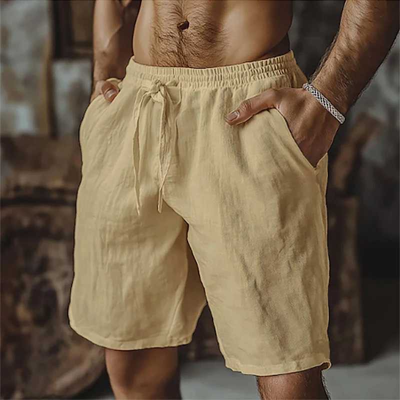 Stylish Solid Color Loose Straight Shorts Mens Summer Beach Casual Breathable Linen Shorts Vintage Lace-up Drawstring Men Shorts W250718