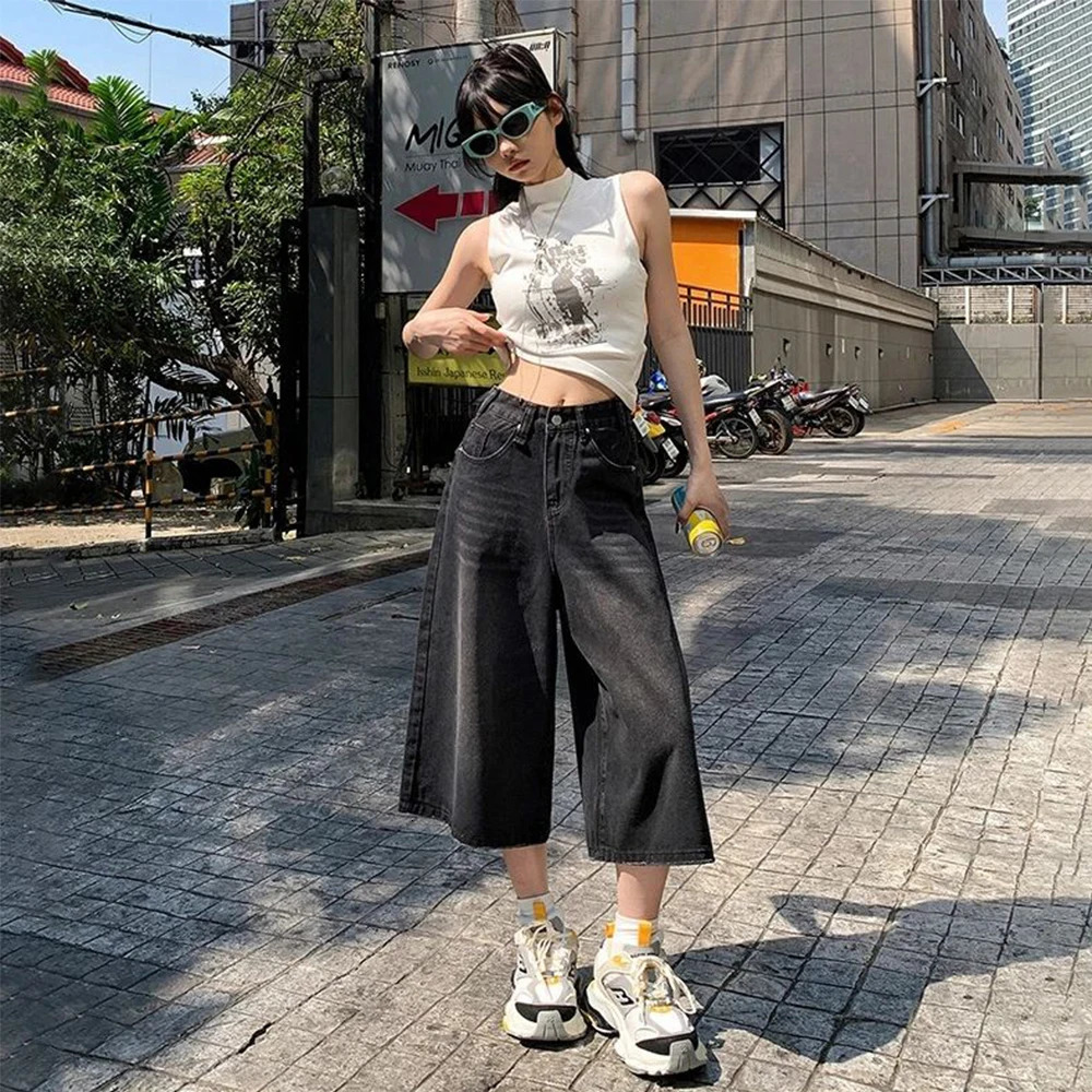 Summer American Style Vintage Women Baggy Jeans Y2k Loose Washed High Waist Knee Length Denim Pants Streetwear Wide Leg Shorts 250714