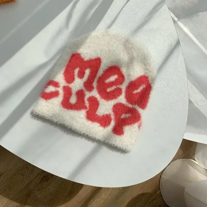 Knitting Beanies Hat Men Women Mink Fur Furry Bonnets Mea Culpa Y2k Warm Fashion Hundred Take Cold Cap for Women 250717