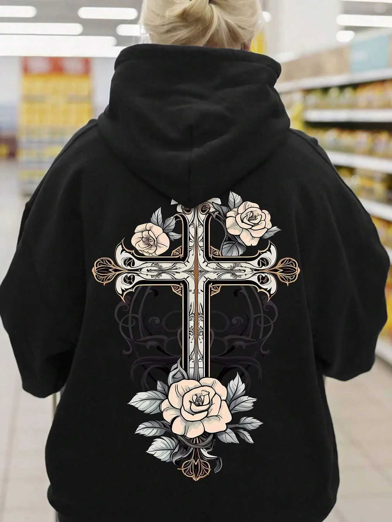 Vintage Floral Cross Printed Hoodies Street Women Sweatshirts Comfortable Crewneck Pullover Loose Face Tops Clothes XJ250717