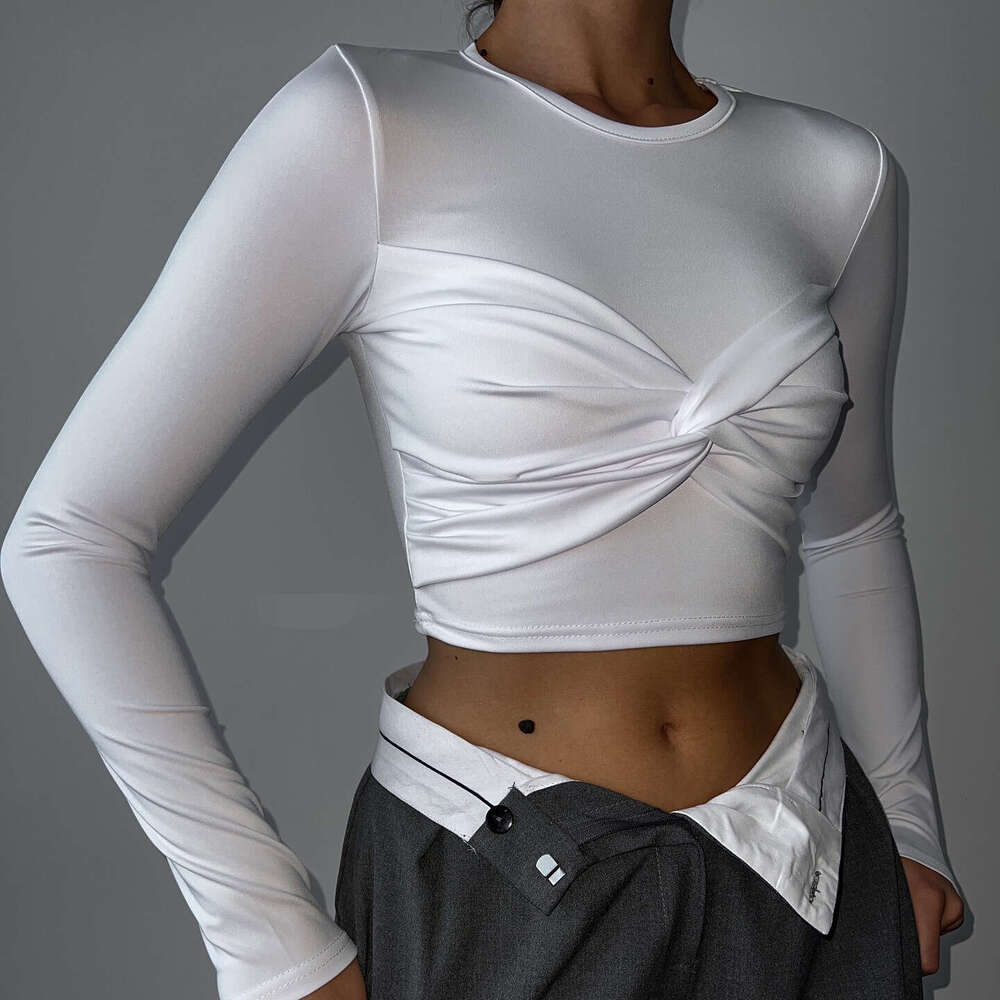 American Twisted Pleated Long Sleeve T-Shirt New Women's Top Elegant Fashion Hot Girl INS Style B5