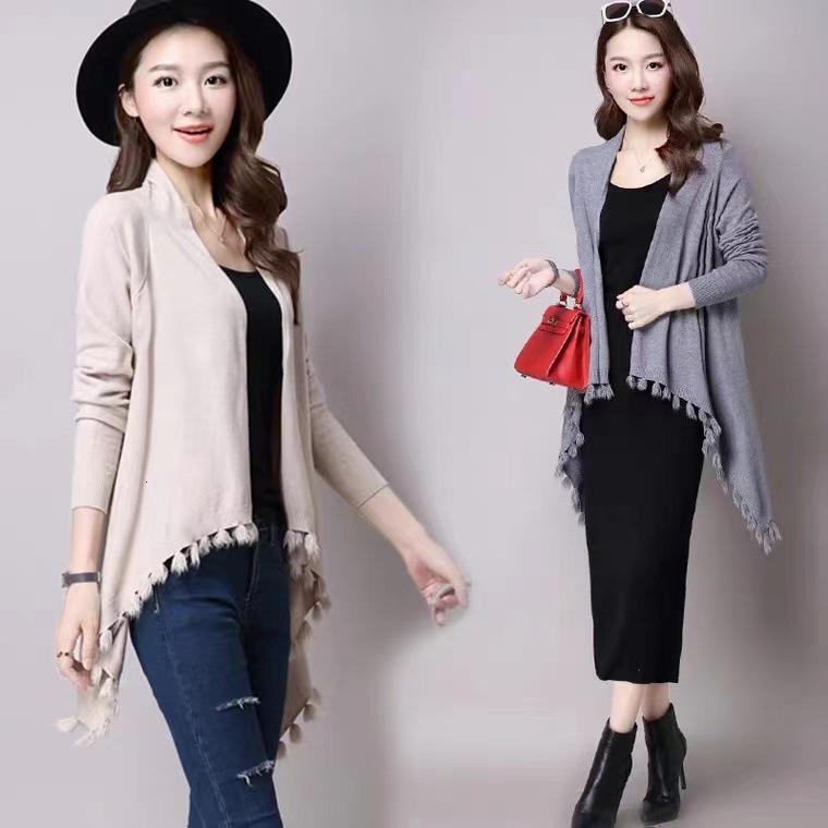 Trendy New Knitted Cardigan Women's Mid-Length Tassel Batwing Shirt Outerwear Shawl Cape Coat