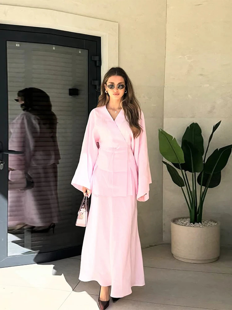 Casual Long Sleeve V Neck Shirts Long Skirt Suit Chic Solid Lace Up Shirt A Line Skirt Set for Women 2025 Lady 2 Pcs Outfits 250715