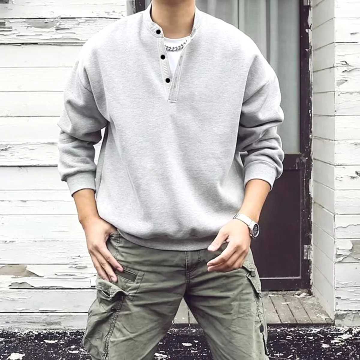 Mens Loose Fit Solid Color Crew Neck Sweatshirt Henry Collar Spring Fashion Retro Japanese Style Streetwear XJ250714