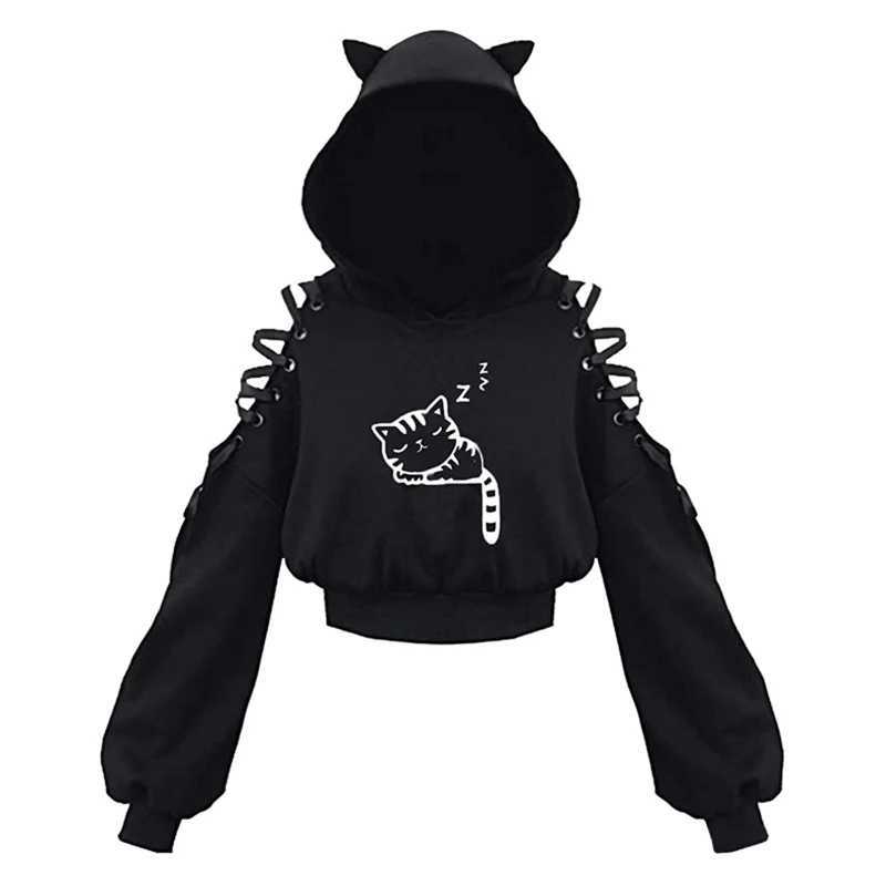 2K Gothic Womens Hoodie Cat Ear Crop Top Hooded Sweatshirt Hollow Out Lace Up Long Sleeve Hooded Casual Pullover Autumn XJ250717