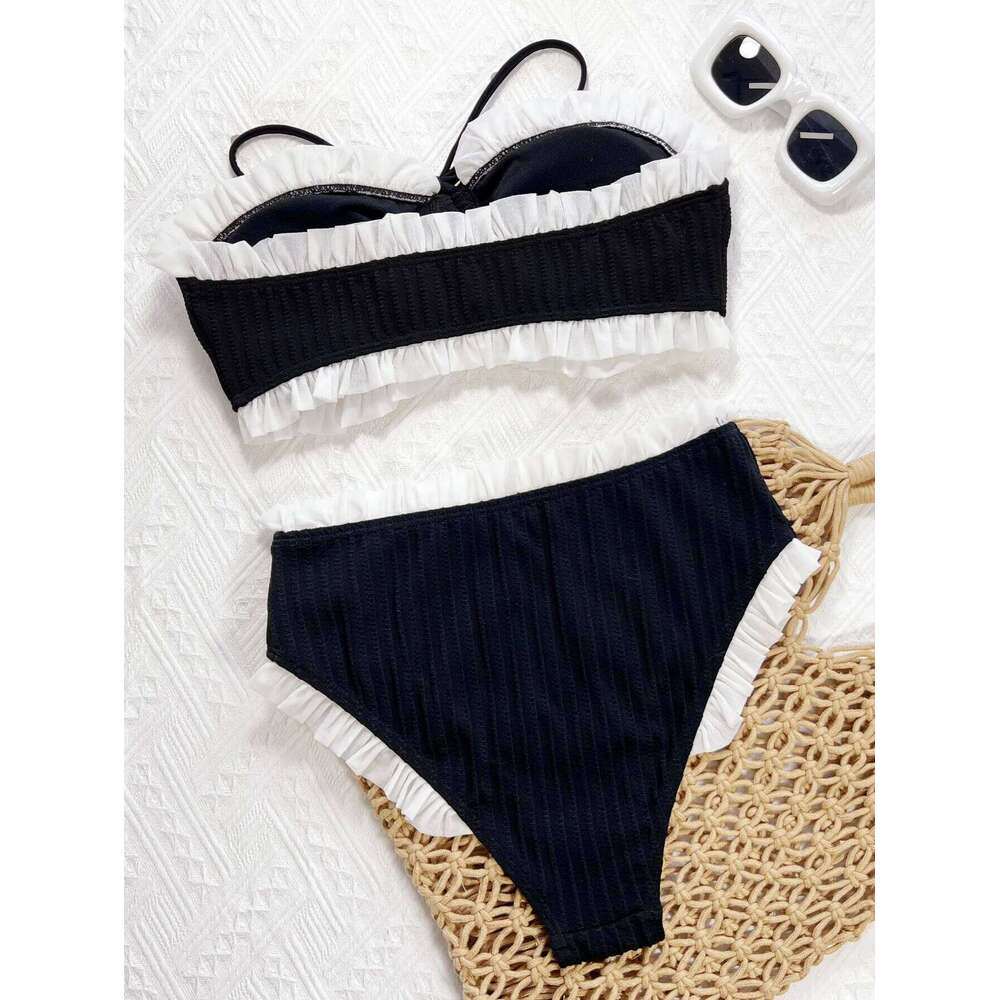 Frilled Ruffle Wrinkled Bandeau Bikini Set White Black Contrast Color Women Swimwear Female Swimsuit Bather Bathing Suit Biquini