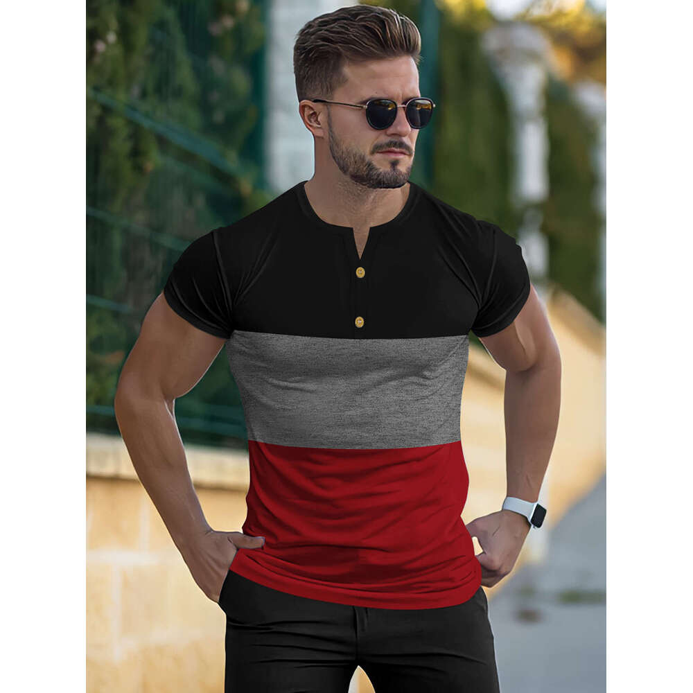 New Button Round Neck Short Sleeve Summer Casual Sports Three-Color Patchwork Men's T-Shirt Henley Shirt B5